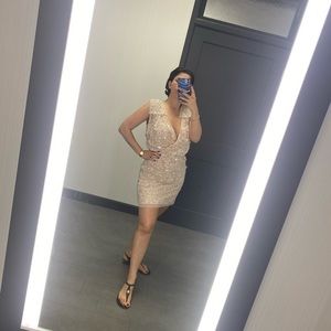 HAND BEADED BLOUSON SHORT SHEATH COCKTAIL DRESS WITH BOW SLEEVES